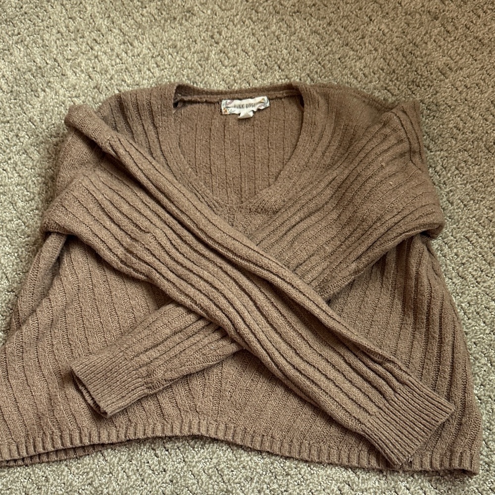 Pink Rose Cozy Brown V-Neck Sweater
